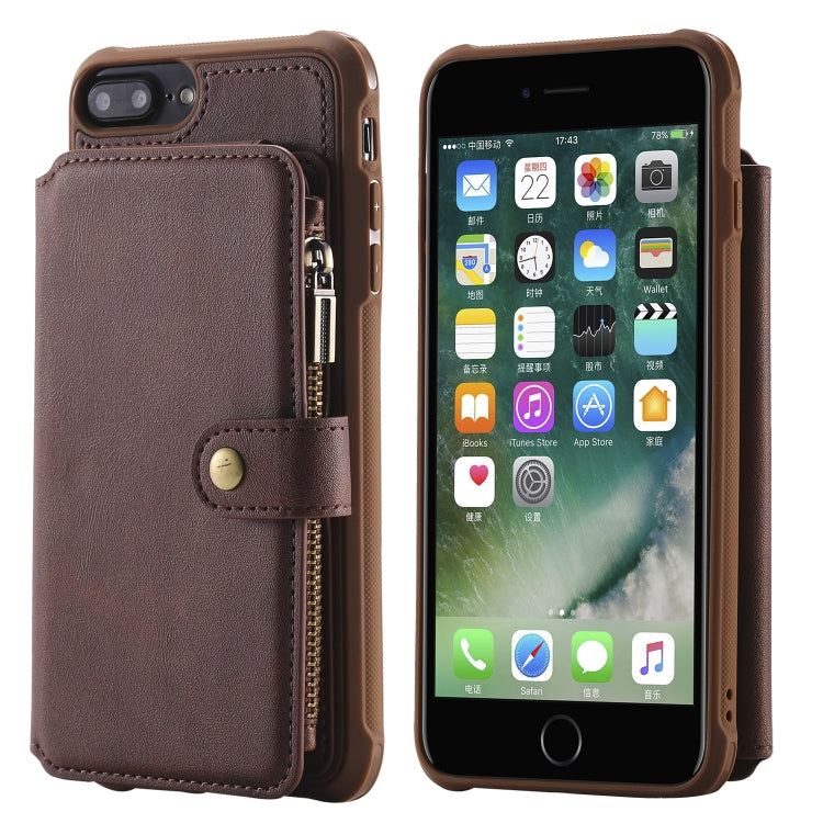 For iPhone 7 Plus / 8 Plus Zipper Shockproof Protective Case with Card Slots & Bracket & Photo Holder & Wallet Function(Coffee) - More iPhone Cases by PMC Jewellery | Online Shopping South Africa | PMC Jewellery