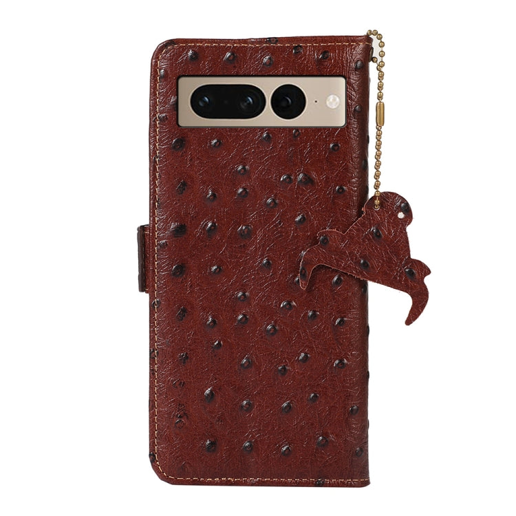 For Google Pixel 7 Ostrich Pattern Genuine Leather RFID Phone Case(Coffee) - Google Cases by PMC TechLife | Online Shopping South Africa | PMC TechLife | Buy Now Pay Later Mobicred