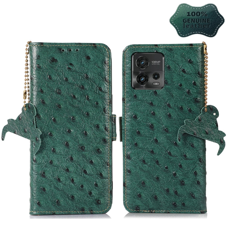 For Motorola Moto G72 4G Ostrich Pattern Genuine Leather RFID Phone Case(Green) - Motorola Cases by PMC TechLife | Online Shopping South Africa | PMC TechLife | Buy Now Pay Later Mobicred