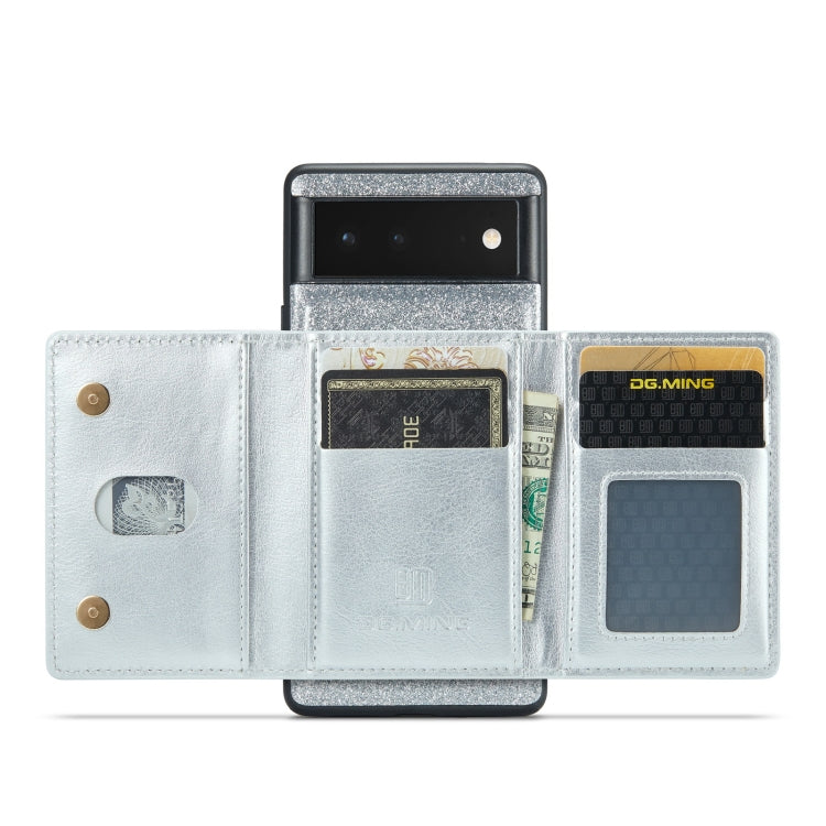 For Google Pixel 6a DG.MING M3 Series Glitter Powder Card Bag Leather Case(Silver) - Google Cases by DG.MING | Online Shopping South Africa | PMC TechLife | Buy Now Pay Later Mobicred