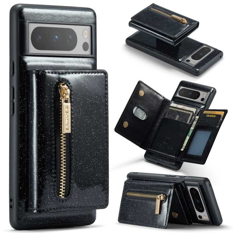 For Google Pixel 8 Pro DG.MING M3 Series Glitter Powder Card Bag Leather Case(Black) - Google Cases by DG.MING | Online Shopping South Africa | PMC TechLife | Buy Now Pay Later Mobicred