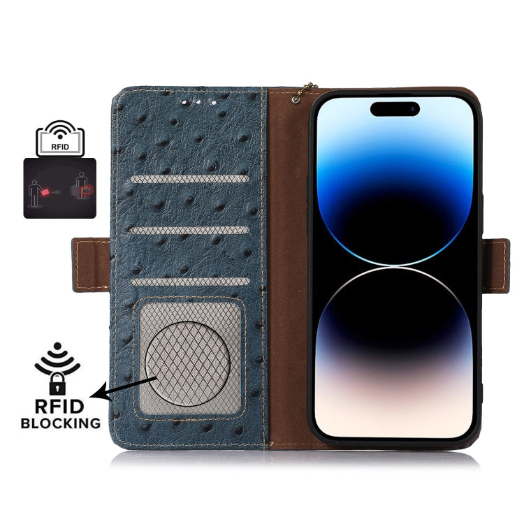 For Motorola Moto E13 4G 2023 Ostrich Pattern Genuine Leather RFID Phone Case(Blue) - Motorola Cases by PMC TechLife | Online Shopping South Africa | PMC TechLife | Buy Now Pay Later Mobicred