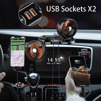 F622U Car Creative Folding Rotatable Double Head Electric Cooling Fan with Dual USB Charging Port, Style:12V Cigarette Lighter - Heating & Fans by PMC Jewellery | Online Shopping South Africa | PMC Jewellery | Buy Now Pay Later Mobicred