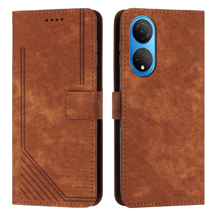 For Honor X7 4G / Play 30 Plus Skin Feel Stripe Pattern Leather Phone Case with Lanyard(Brown) - Honor Cases by PMC TechLife | Online Shopping South Africa | PMC TechLife