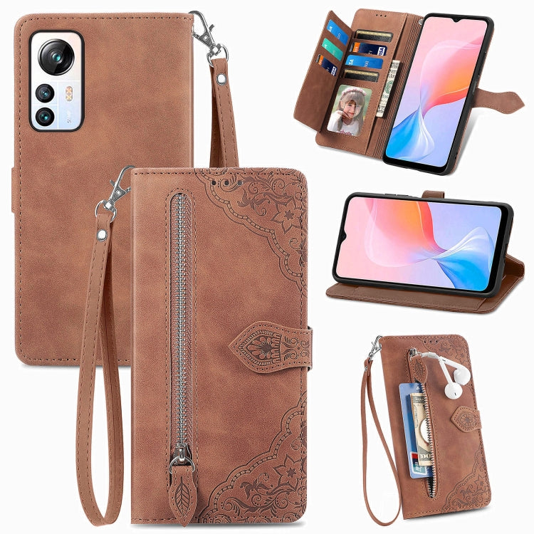 For Blackview A85 Embossed Flower Zipper Leather Phone Case(Brown) - free shipping - PMC TechLife - Order now!