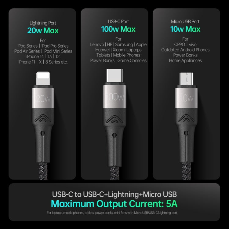 DUZZONA A4 5A USB-C / Type-C to USB-C / Type-C + 8 Pin + Micro USB Fast Charging Data Cable, Cable Length: 1.3m - Multifunction Cable by DUZZONA | Online Shopping South Africa | PMC Jewellery | Buy Now Pay Later Mobicred