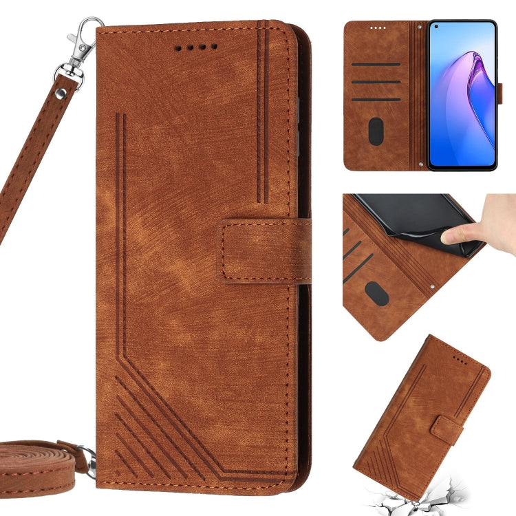 For OPPO Reno7 5G Global / Find X5 Lite Skin Feel Stripe Pattern Leather Phone Case with Lanyard(Brown) - OPPO Cases by PMC Jewellery | Online Shopping South Africa | PMC Jewellery | Buy Now Pay Later Mobicred