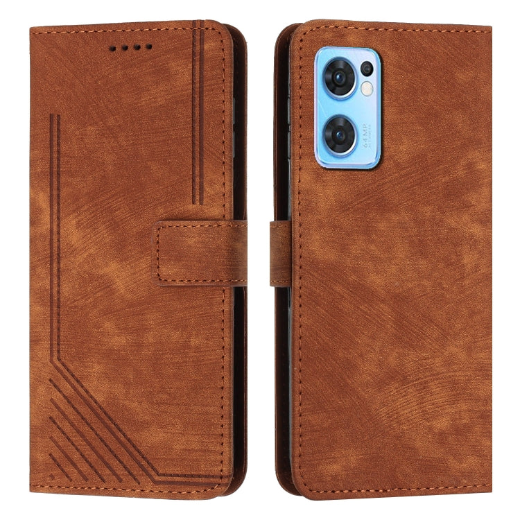 For OPPO Reno7 5G Global / Find X5 Lite Skin Feel Stripe Pattern Leather Phone Case with Lanyard(Brown) - OPPO Cases by PMC Jewellery | Online Shopping South Africa | PMC Jewellery | Buy Now Pay Later Mobicred