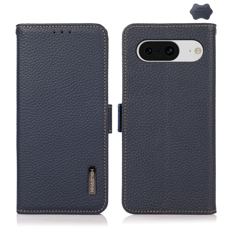 For Google Pixel 8 KHAZNEH Side-Magnetic Litchi Genuine Leather RFID Phone Case(Blue) - Google Cases by PMC TechLife | Online Shopping South Africa | PMC TechLife | Buy Now Pay Later Mobicred