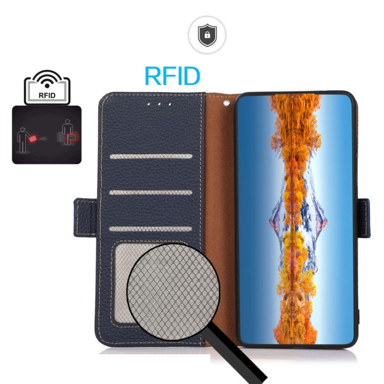 For Google Pixel 8 KHAZNEH Side-Magnetic Litchi Genuine Leather RFID Phone Case(Blue) - Google Cases by PMC TechLife | Online Shopping South Africa | PMC TechLife | Buy Now Pay Later Mobicred