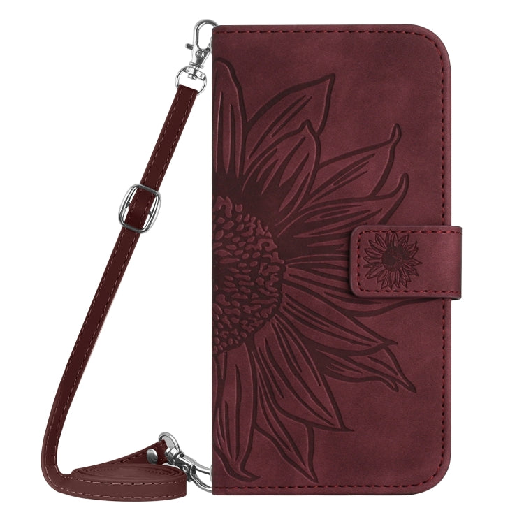 For Xiaomi Poco F5 Skin Feel Sun Flower Embossed Flip Leather Phone Case with Lanyard(Wine Red) - Xiaomi Cases by PMC Jewellery | Online Shopping South Africa | PMC Jewellery | Buy Now Pay Later Mobicred