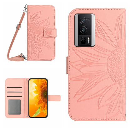 For Xiaomi Poco F5 Pro Skin Feel Sun Flower Embossed Flip Leather Phone Case with Lanyard(Pink) - Xiaomi Cases by PMC Jewellery | Online Shopping South Africa | PMC Jewellery | Buy Now Pay Later Mobicred