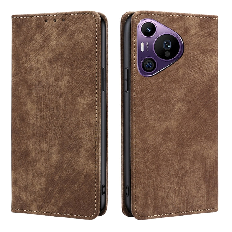 For Huawei Pura 70 Pro / Pro+ RFID Anti-theft Brush Magnetic Leather Phone Case(Brown) - Huawei Cases by PMC Jewellery | Online Shopping South Africa | PMC Jewellery | Buy Now Pay Later Mobicred