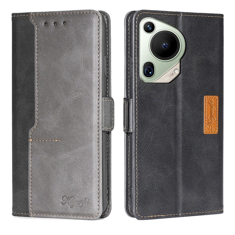 For Huawei Pura 70 Ultra 5G Contrast Color Side Buckle Leather Phone Case(Black + Grey) - Huawei Cases by PMC Jewellery | Online Shopping South Africa | PMC Jewellery | Buy Now Pay Later Mobicred