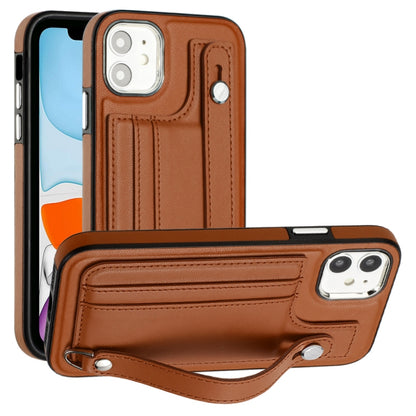 For iPhone 11 Shockproof Leather Phone Case with Wrist Strap(Brown) - iPhone 11 Cases by PMC Jewellery | Online Shopping South Africa | PMC Jewellery | Buy Now Pay Later Mobicred