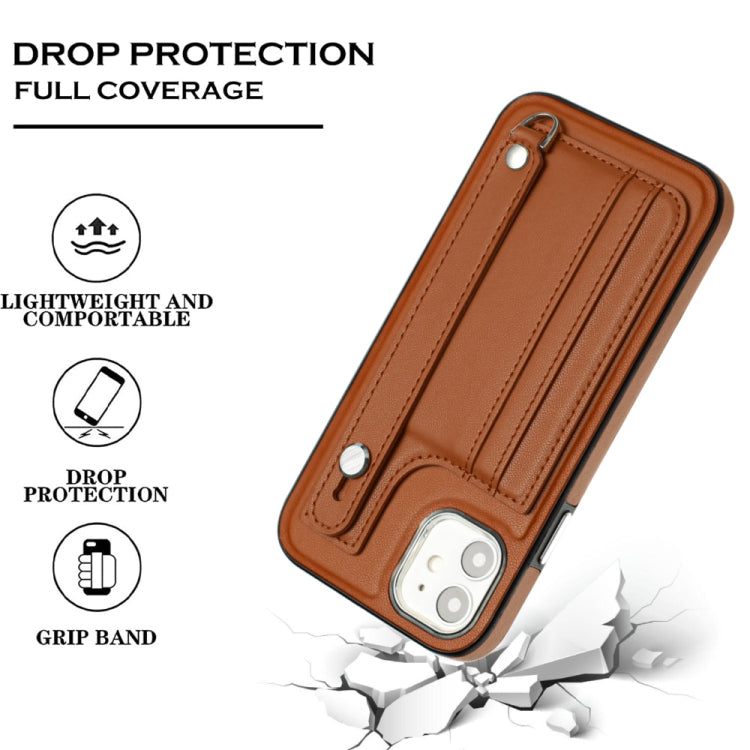 For iPhone 11 Shockproof Leather Phone Case with Wrist Strap(Brown) - iPhone 11 Cases by PMC Jewellery | Online Shopping South Africa | PMC Jewellery | Buy Now Pay Later Mobicred