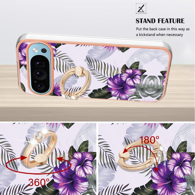 For Google Pixel 9 / 9 Pro Electroplating IMD TPU Phone Case with Ring(Purple Flower) - Google Cases by PMC Jewellery | Online Shopping South Africa | PMC Jewellery | Buy Now Pay Later Mobicred