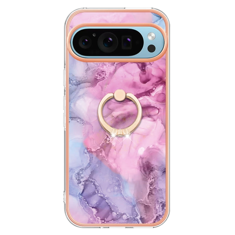 For Google Pixel 9 Pro XL Electroplating Marble Dual-side IMD Phone Case with Ring(Pink 013) - Google Cases by PMC Jewellery | Online Shopping South Africa | PMC Jewellery | Buy Now Pay Later Mobicred