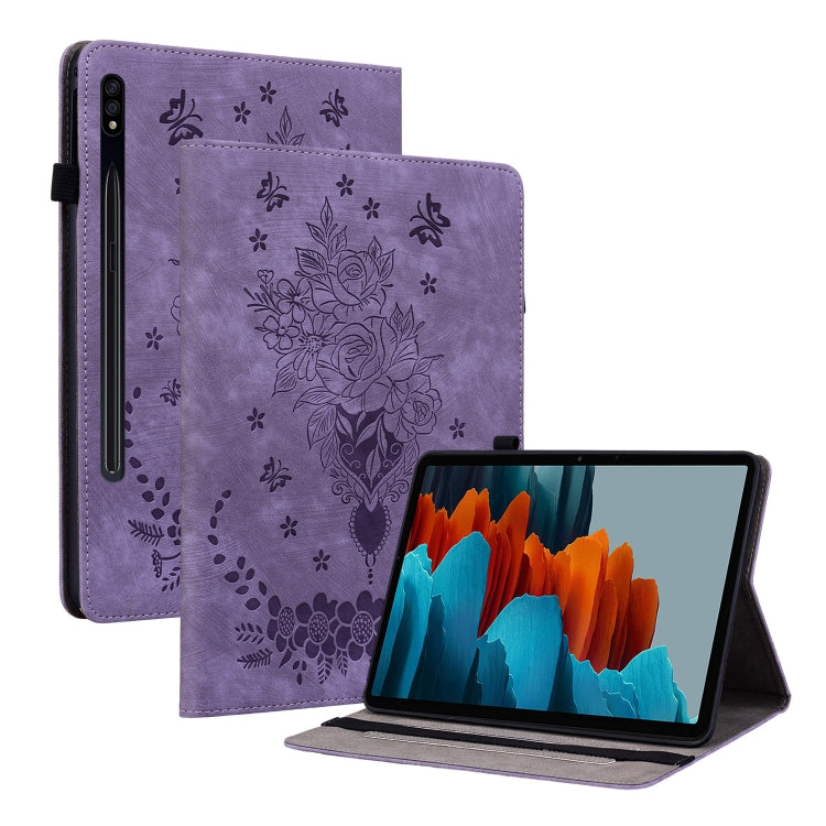 For Samsung Galaxy Tab S9 Butterfly Rose Embossed Leather Tablet Case(Purple) - Galaxy Tab S9 Cases by PMC Jewellery | Online Shopping South Africa | PMC Jewellery | Buy Now Pay Later Mobicred