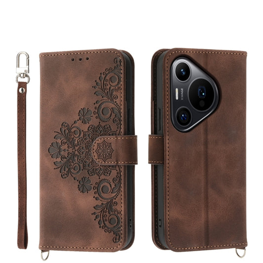 For Huawei Pura 70 Pro / Pura 70 Pro+ Skin-feel Flowers Embossed Wallet Leather Phone Case(Brown) - Huawei Cases by PMC Jewellery | Online Shopping South Africa | PMC Jewellery | Buy Now Pay Later Mobicred