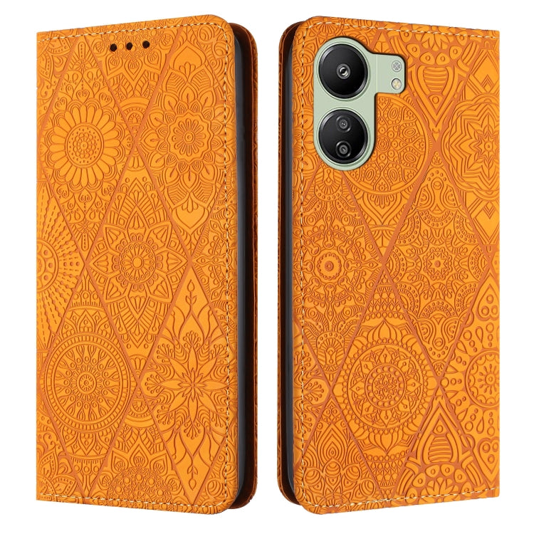 For Xiaomi Redmi 13C Ethnic Embossed Adsorption Leather Phone Case(Yellow) - 13C Cases by PMC Jewellery | Online Shopping South Africa | PMC Jewellery | Buy Now Pay Later Mobicred