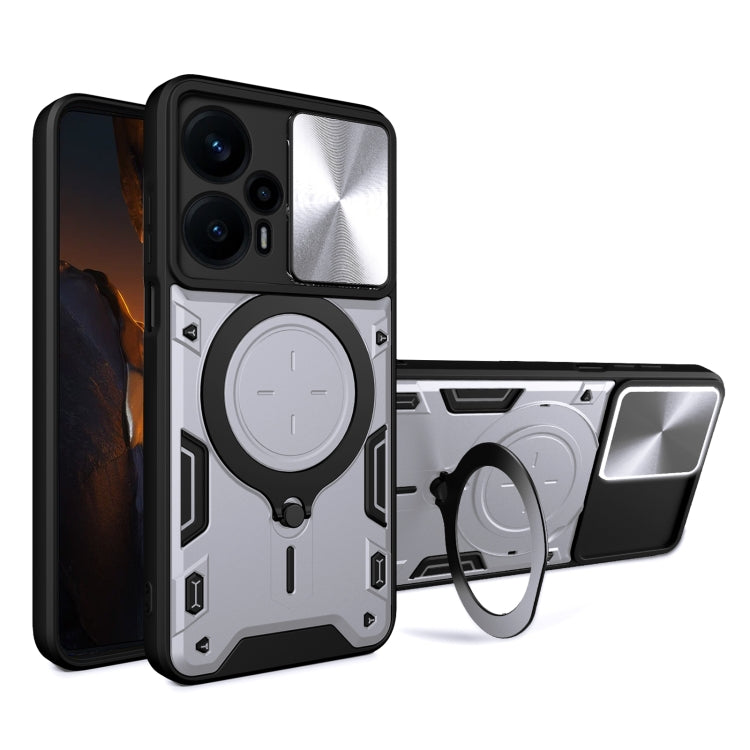 For Xiaomi Redmi Note 12 Turbo CD Texture Sliding Camshield Magnetic Holder Phone Case(Silver) - Xiaomi Cases by PMC TechLife | Online Shopping South Africa | PMC TechLife | Buy Now Pay Later Mobicred