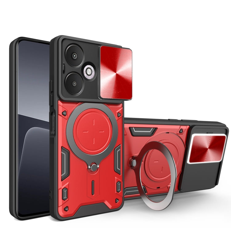 For Xiaomi Redmi 13C 5G Global CD Texture Sliding Camshield Magnetic Holder Phone Case(Red) - 13C Cases by PMC Jewellery | Online Shopping South Africa | PMC Jewellery | Buy Now Pay Later Mobicred