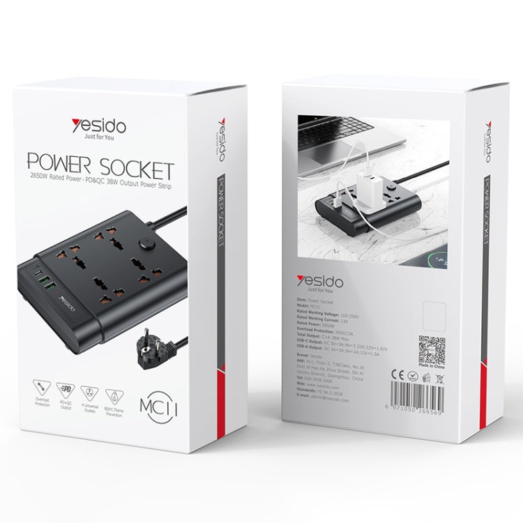 Yesido MC-11 4 Plugs + PD 20W+2 QC3.0 Ports 2650W Multi-functional High Power Socket(EU Plug) - Extension Socket by Yesido | Online Shopping South Africa | PMC Jewellery | Buy Now Pay Later Mobicred