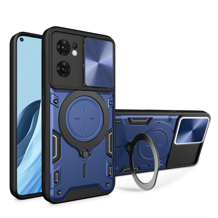 For OPPO Reno7 5G CD Texture Sliding Camshield Magnetic Holder Phone Case(Blue) - OPPO Cases by PMC TechLife | Online Shopping South Africa | PMC TechLife | Buy Now Pay Later Mobicred