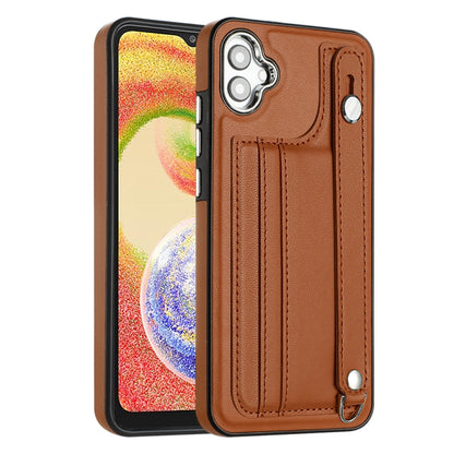 For Samsung Galaxy A04E / F04 / M04 Shockproof Leather Phone Case with Wrist Strap(Brown) - Galaxy Phone Cases by PMC Jewellery | Online Shopping South Africa | PMC Jewellery