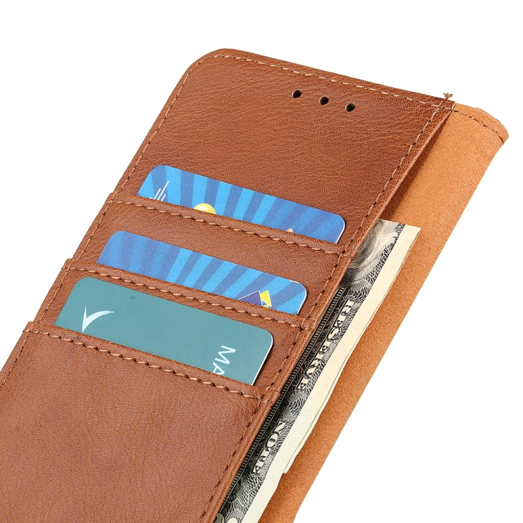 For iPhone 16e KHAZNEH Cowhide Texture Horizontal Flip Leather Phone Case(Brown) - iPhone 16e Cases by PMC TechLife | Online Shopping South Africa | PMC TechLife | Buy Now Pay Later Mobicred
