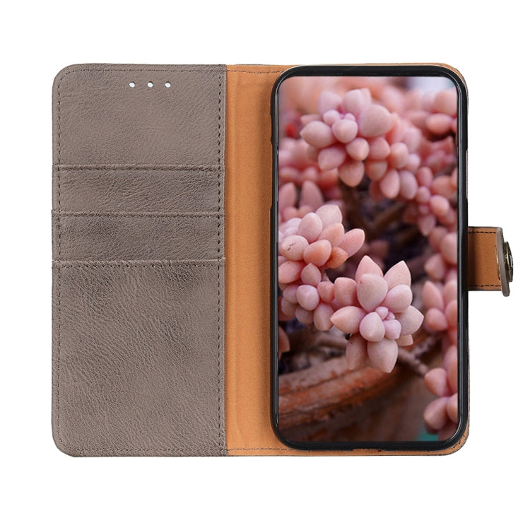 For iPhone 16e KHAZNEH Cowhide Texture Horizontal Flip Leather Phone Case(Khaki) - iPhone 16e Cases by PMC TechLife | Online Shopping South Africa | PMC TechLife | Buy Now Pay Later Mobicred