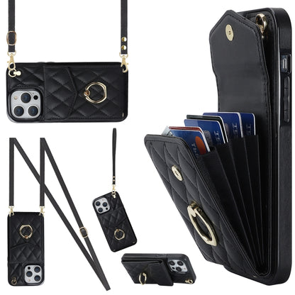 For iPhone 14 Pro Rhombic Texture Card Bag Phone Case with Long Lanyard(Black) - iPhone 14 Pro Cases by PMC Jewellery | Online Shopping South Africa | PMC Jewellery