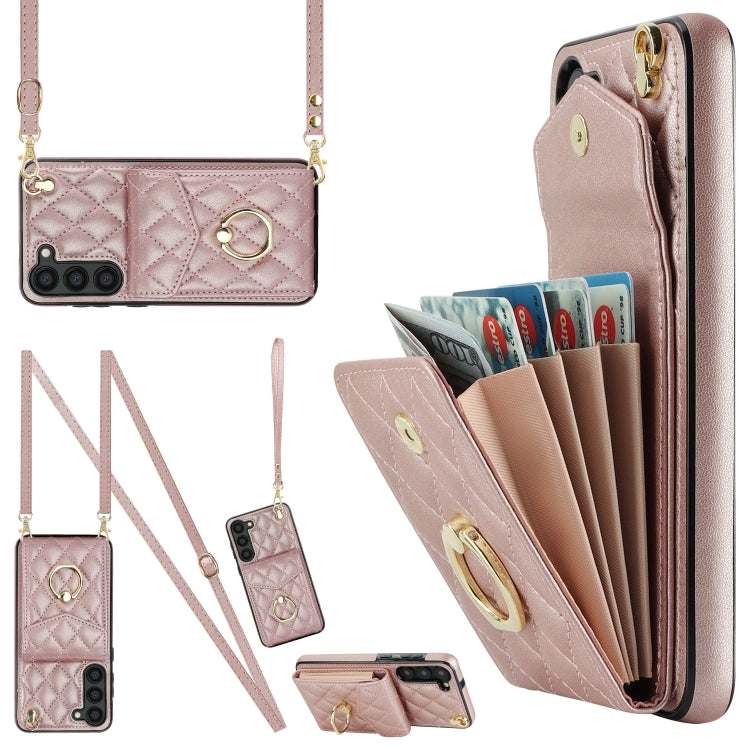 For Samsung Galaxy S24 5G Rhombic Texture Card Bag Phone Case with Long Lanyard(Rose Gold) - Galaxy S24 5G Cases by PMC Jewellery | Online Shopping South Africa | PMC Jewellery | Buy Now Pay Later Mobicred