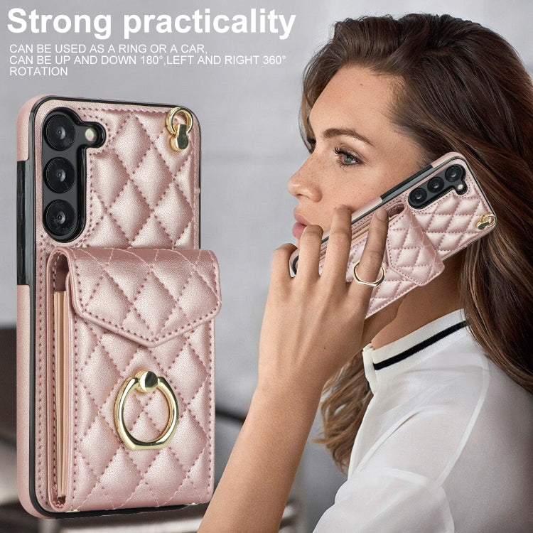 For Samsung Galaxy S24 5G Rhombic Texture Card Bag Phone Case with Long Lanyard(Rose Gold) - Galaxy S24 5G Cases by PMC Jewellery | Online Shopping South Africa | PMC Jewellery | Buy Now Pay Later Mobicred