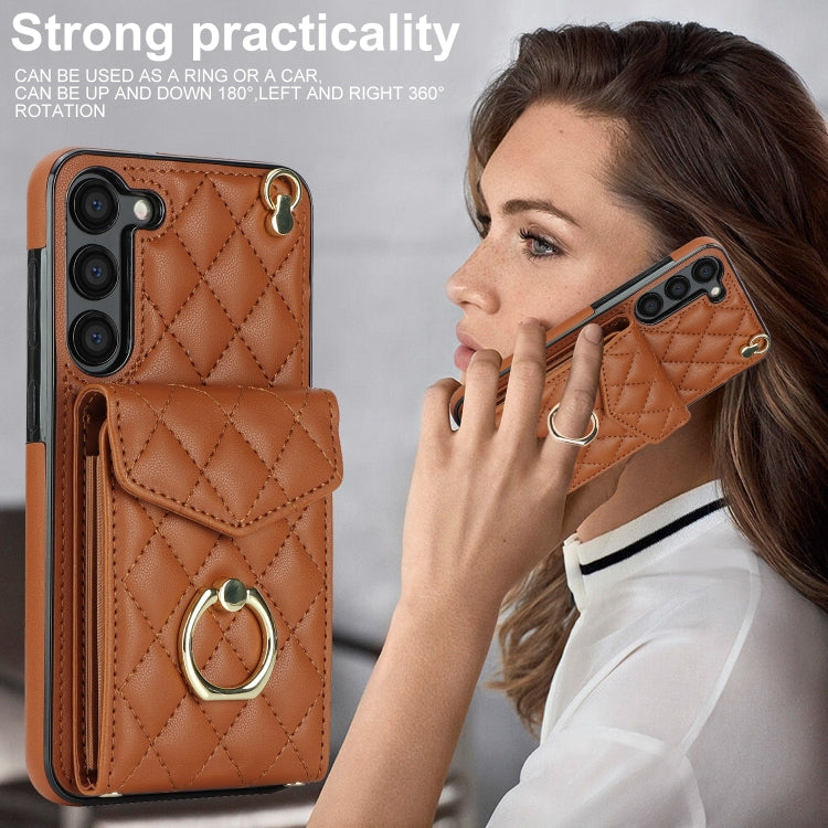 For Samsung Galaxy S24 5G Rhombic Texture Card Bag Phone Case with Long Lanyard(Brown) - Galaxy S24 5G Cases by PMC Jewellery | Online Shopping South Africa | PMC Jewellery | Buy Now Pay Later Mobicred