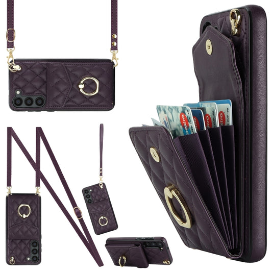 For Samsung Galaxy S24 5G Rhombic Texture Card Bag Phone Case with Long Lanyard(Dark Purple) - Galaxy S24 5G Cases by PMC Jewellery | Online Shopping South Africa | PMC Jewellery | Buy Now Pay Later Mobicred