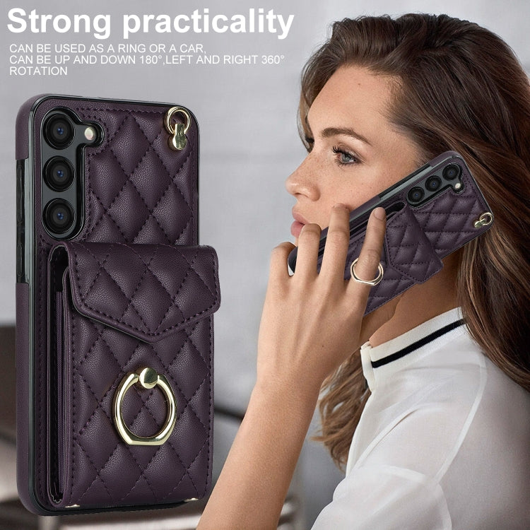 For Samsung Galaxy S24 5G Rhombic Texture Card Bag Phone Case with Long Lanyard(Dark Purple) - Galaxy S24 5G Cases by PMC Jewellery | Online Shopping South Africa | PMC Jewellery | Buy Now Pay Later Mobicred