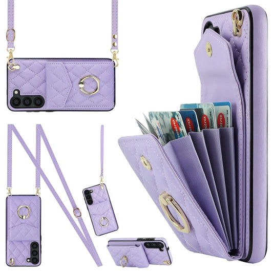 For Samsung Galaxy S24+ 5G Rhombic Texture Card Bag Phone Case with Long Lanyard(Light Purple) - Galaxy S24+ 5G Cases by PMC Jewellery | Online Shopping South Africa | PMC Jewellery | Buy Now Pay Later Mobicred