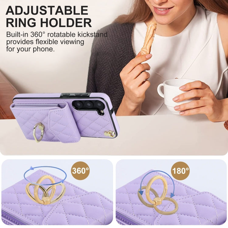 For Samsung Galaxy S24+ 5G Rhombic Texture Card Bag Phone Case with Long Lanyard(Light Purple) - Galaxy S24+ 5G Cases by PMC Jewellery | Online Shopping South Africa | PMC Jewellery | Buy Now Pay Later Mobicred