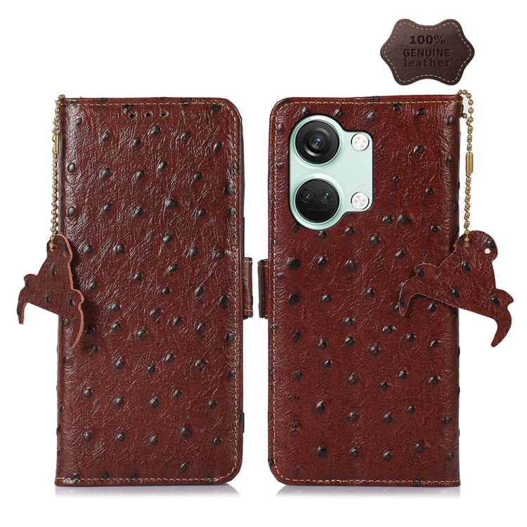 For OnePlus Nord 3 / Ace 2V Ostrich Pattern Genuine Leather RFID Phone Case(Coffee) - OnePlus Cases by PMC TechLife | Online Shopping South Africa | PMC TechLife | Buy Now Pay Later Mobicred