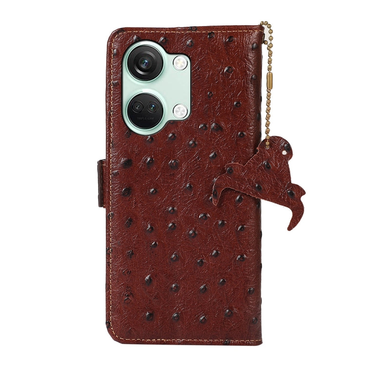 For OnePlus Nord 3 / Ace 2V Ostrich Pattern Genuine Leather RFID Phone Case(Coffee) - OnePlus Cases by PMC TechLife | Online Shopping South Africa | PMC TechLife | Buy Now Pay Later Mobicred