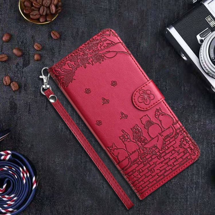 For iPhone SE 2024 Cat Embossing Pattern Leather Phone Case with Lanyard(Red) - More iPhone Cases by PMC Jewellery | Online Shopping South Africa | PMC Jewellery | Buy Now Pay Later Mobicred