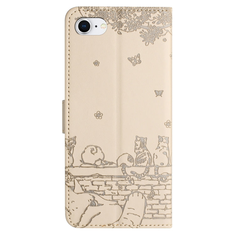 For iPhone SE 2024 Cat Embossing Pattern Leather Phone Case with Lanyard(Beige) - More iPhone Cases by PMC Jewellery | Online Shopping South Africa | PMC Jewellery | Buy Now Pay Later Mobicred