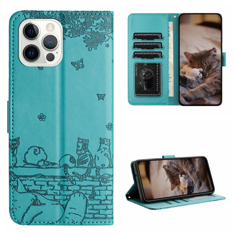 For iPhone 16 Pro Cat Embossing Pattern Leather Phone Case with Lanyard(Blue) - iPhone 16 Pro Cases by PMC Jewellery | Online Shopping South Africa | PMC Jewellery | Buy Now Pay Later Mobicred