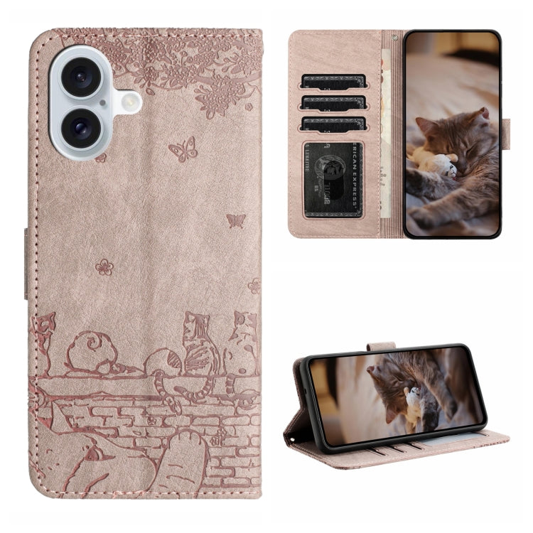For iPhone 16 Plus Cat Embossing Pattern Leather Phone Case with Lanyard(Grey) - iPhone 16 Plus Cases by PMC TechLife | Online Shopping South Africa | PMC TechLife | Buy Now Pay Later Mobicred