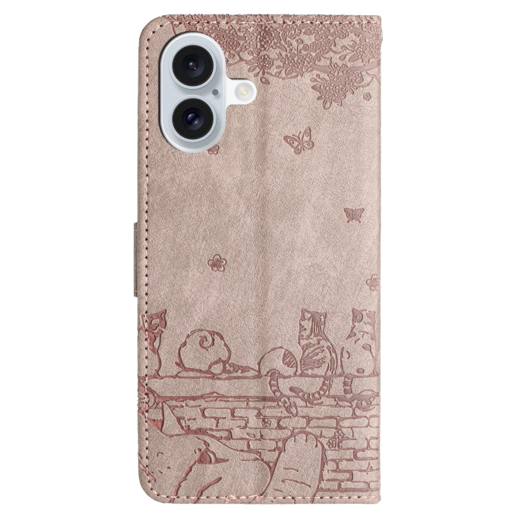 For iPhone 16 Plus Cat Embossing Pattern Leather Phone Case with Lanyard(Grey) - iPhone 16 Plus Cases by PMC TechLife | Online Shopping South Africa | PMC TechLife | Buy Now Pay Later Mobicred