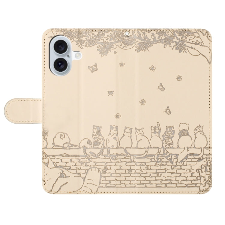 For iPhone 16 Plus Cat Embossing Pattern Leather Phone Case with Lanyard(Beige) - iPhone 16 Plus Cases by PMC Jewellery | Online Shopping South Africa | PMC Jewellery | Buy Now Pay Later Mobicred