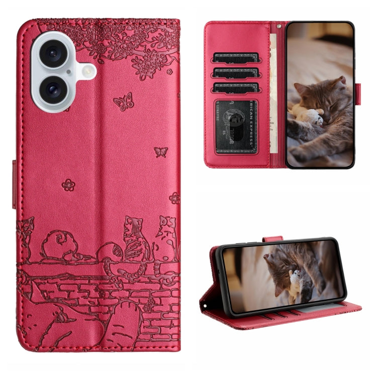 For iPhone 16 Cat Embossing Pattern Leather Phone Case with Lanyard(Red) - iPhone 16 Cases by PMC TechLife | Online Shopping South Africa | PMC TechLife | Buy Now Pay Later Mobicred