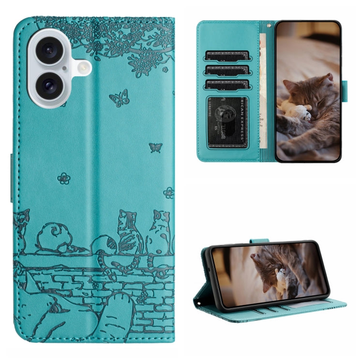 For iPhone 16 Cat Embossing Pattern Leather Phone Case with Lanyard(Blue) - iPhone 16 Cases by PMC TechLife | Online Shopping South Africa | PMC TechLife | Buy Now Pay Later Mobicred